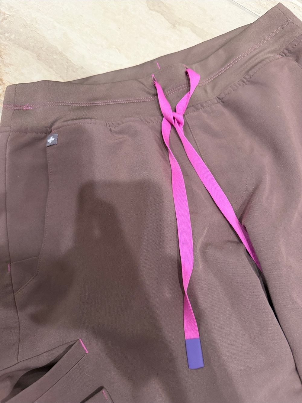 Figs Brown Cargo Jogger Pants with Pink Drawstring - Picture 2 of 5
